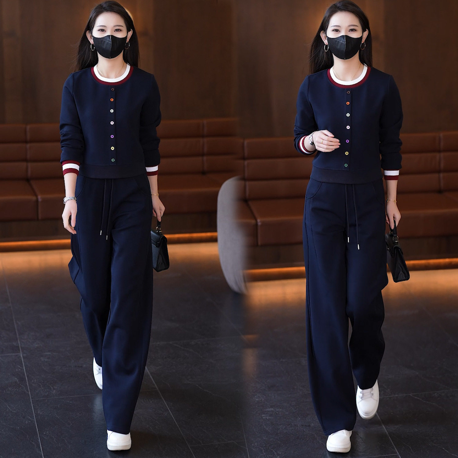 时尚洋气撞色上衣休闲裤两件套女2026春季新款气质修身减龄裤套装