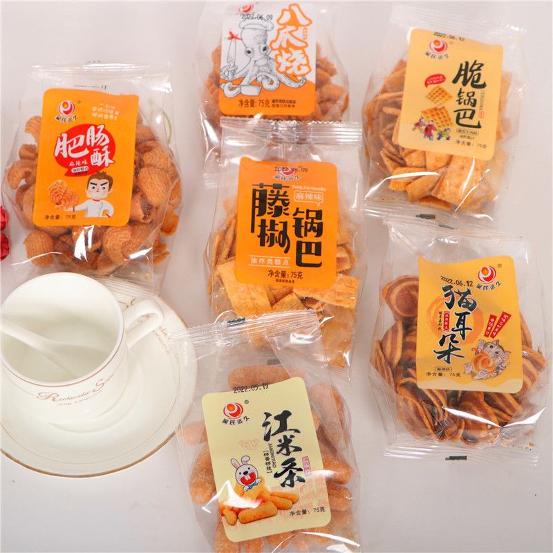吴氏远久猫耳朵藤椒脆锅巴八爪烧脆锅巴江米条肥肠酥休闲零食小吃图片