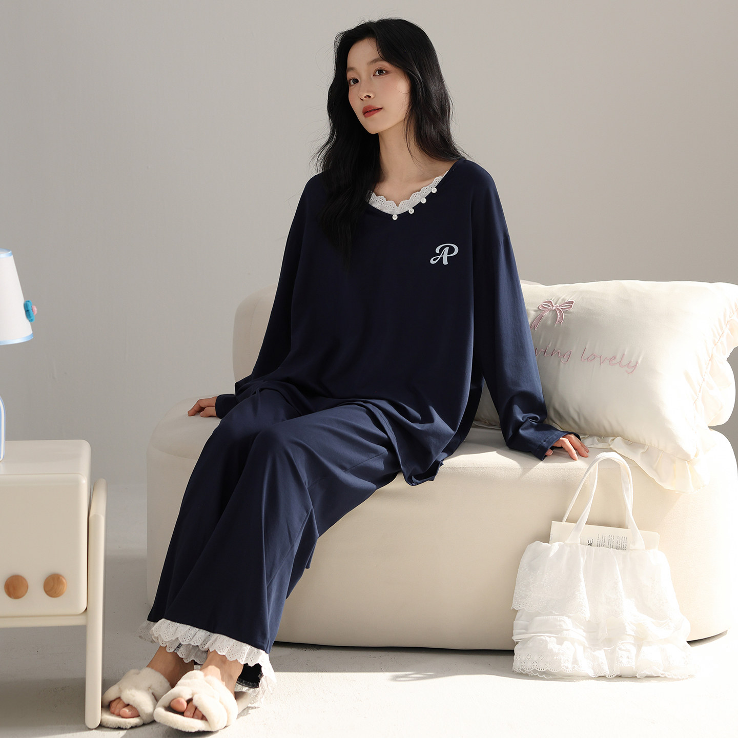 奢华纯棉睡衣女秋冬季套头长袖长裤简约时尚轻奢可外出家居服套装