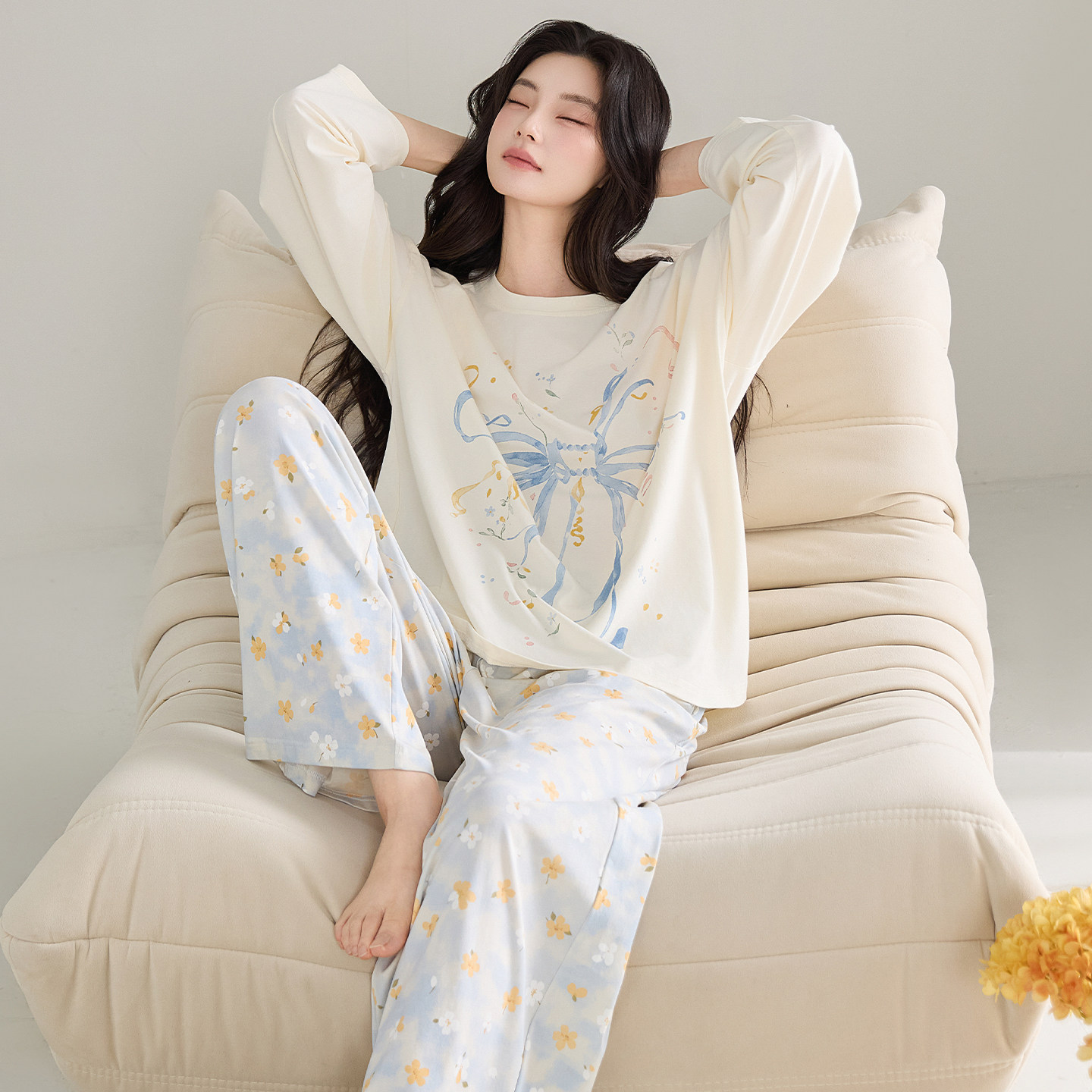 新款睡衣女春秋款秋季纯棉长袖家居服秋天休闲圆领时尚蝴蝶结印花
