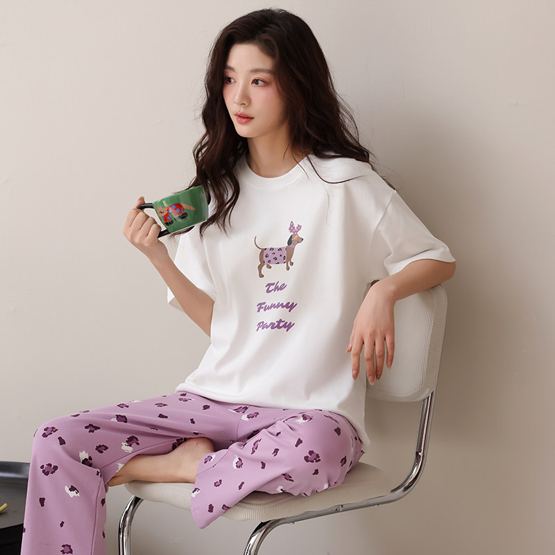 纯棉睡衣女春季圆领短袖长裤卡通可爱小狗家居服全棉夏天外穿睡衣