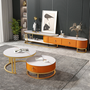 轻奢茶几电视柜组合可伸缩岩板现代简约小户型客厅家用圆形茶几桌