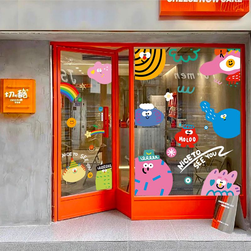 ins风网红店几何图形小怪兽插画贴纸店铺橱窗玻璃门贴静电装饰贴