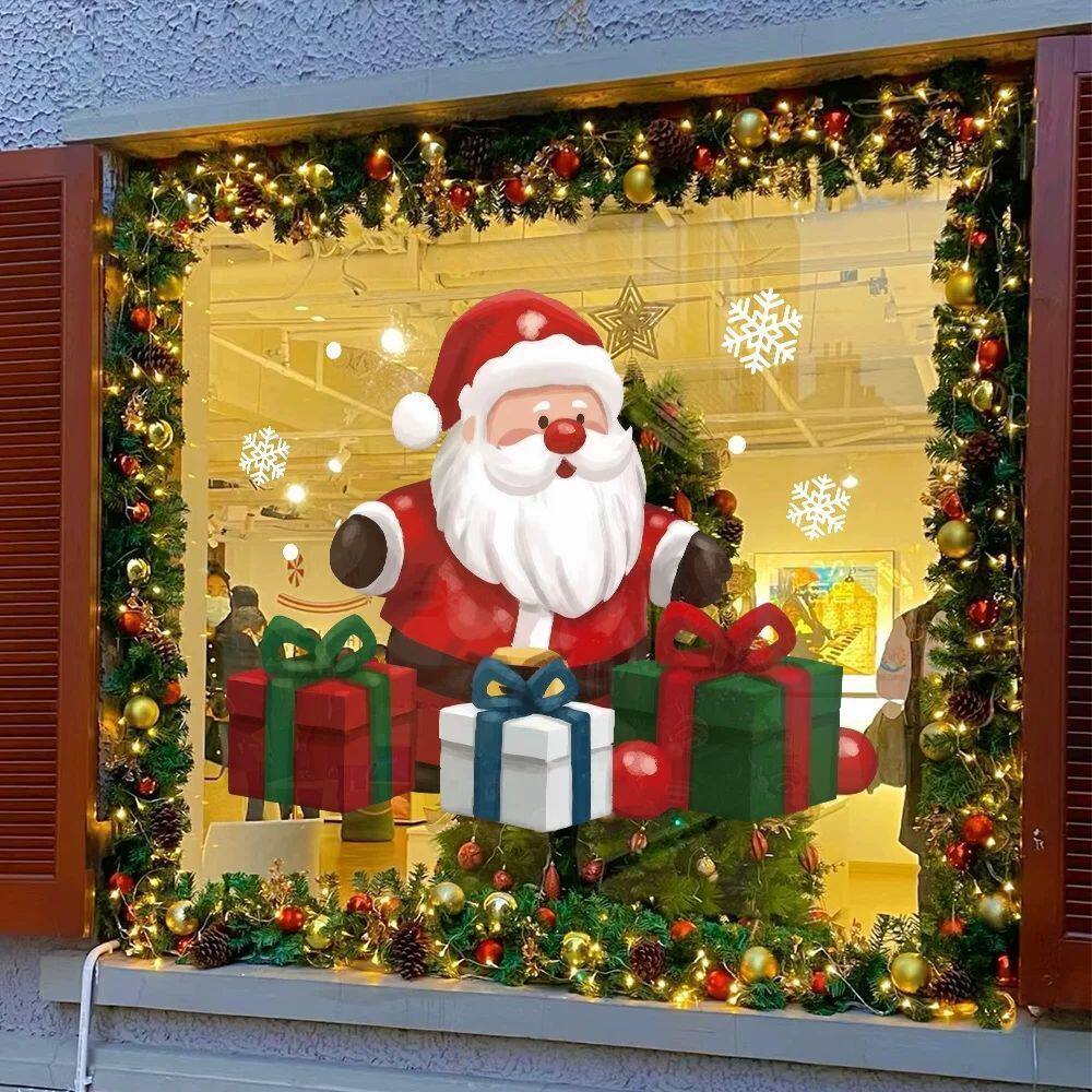 2027圣诞节装饰品店铺餐厅橱窗玻璃门贴画圣诞老人礼物盒布置窗花
