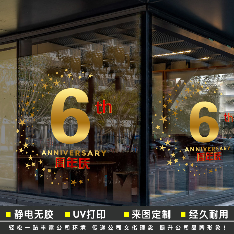 公司周年庆贴纸装饰玻璃商场酒店珠宝透明橱窗画店庆布置金色海报图片
