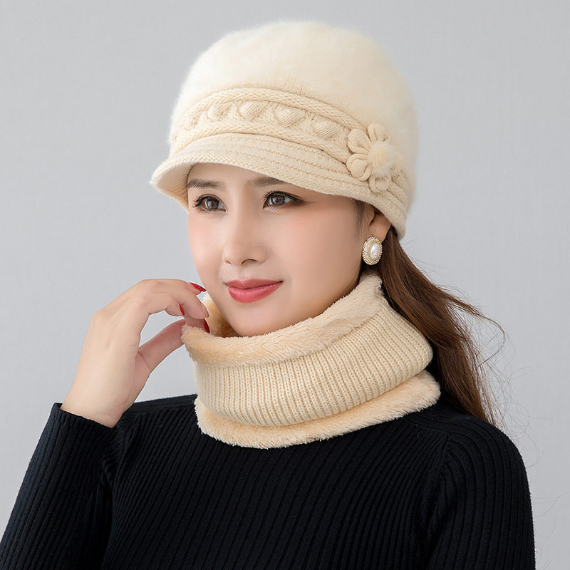 冬季女士帽子妈妈保暖帽奶奶毛线针织帽老太太加绒加厚盆帽套装
