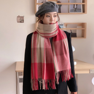 红色调仿羊绒围巾女秋冬季薄款韩版围脖百搭格子舒适防寒保暧围巾