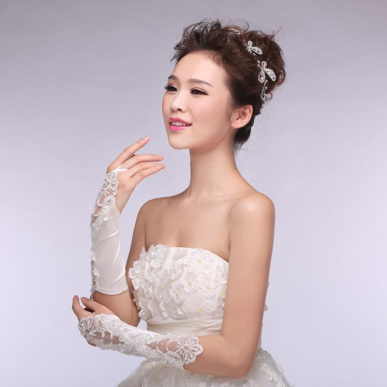 婚纱手套蕾丝新娘婚纱礼服饰手套无指对花缎缝珠白色手套