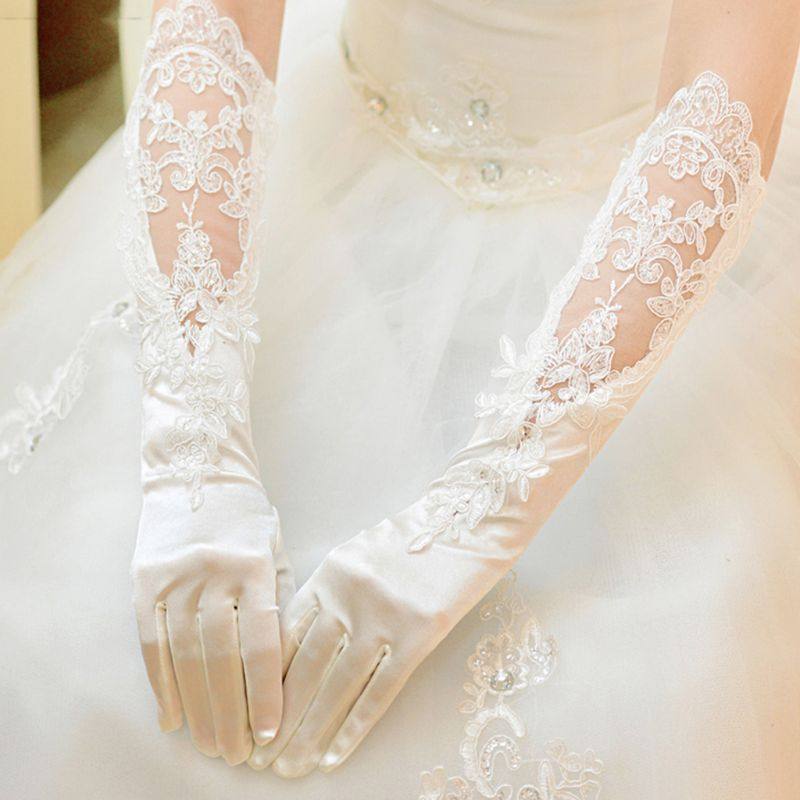 白纱手套2024新款娘婚纱礼服手套晚装宴会缎面长款绣花亮片手套