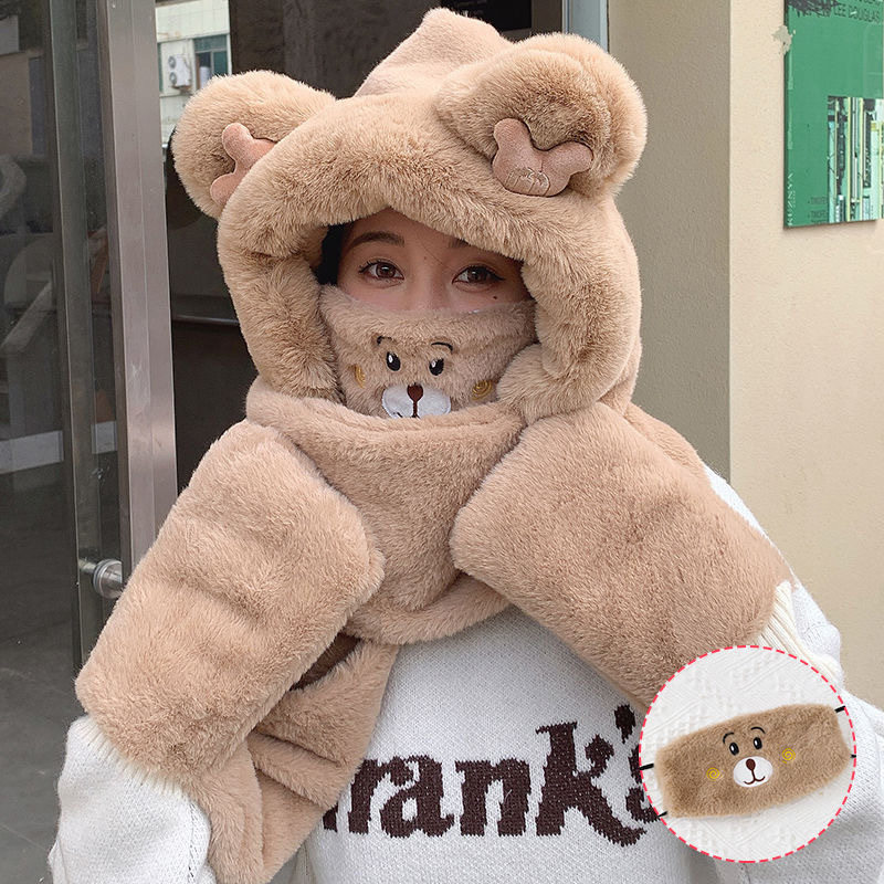 防寒保暖帽子可爱小熊2024新款帽子围巾一体毛绒线帽加绒保暖女帽