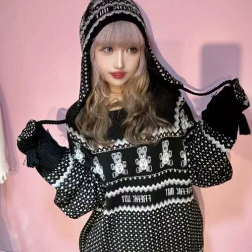 纯元 贵牌 C@ndy Str1pper 小熊提花北欧风宽松长款针织长袖