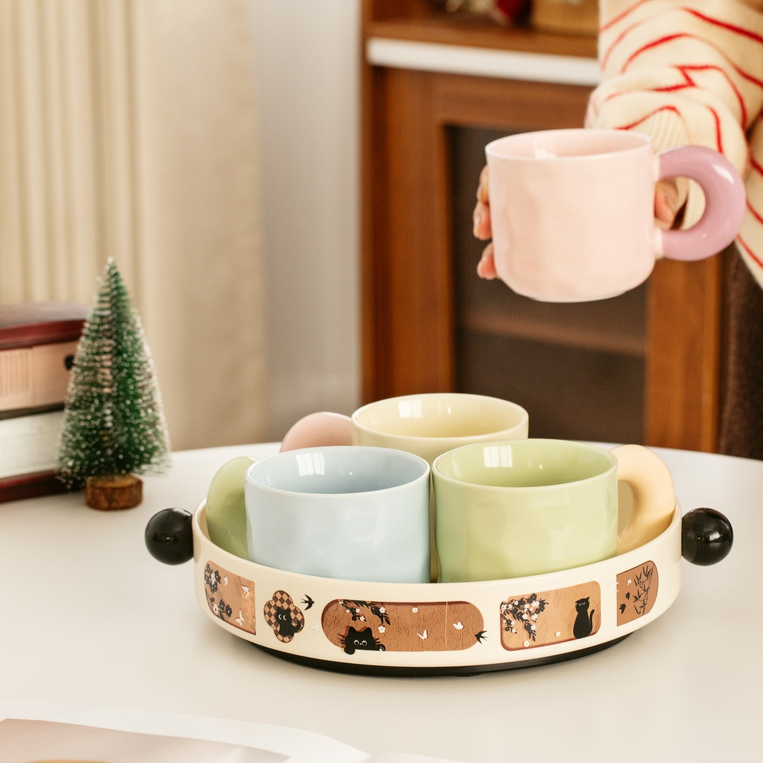 撞色陶瓷水杯家用套装带托盘高颜值卡通可爱奶油风茶几客厅马克杯,餐饮具,水具套装,淘宝优惠券,粉丝福利购,淘宝优惠卷