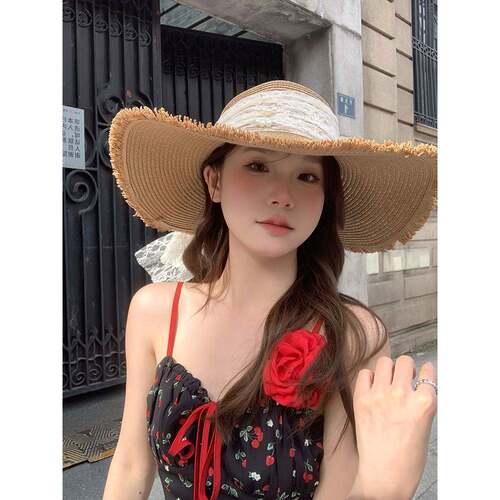 法国蕾丝晒珍珠蝴蝶结TGM草帽妇夏天大沿显海示脸小女海滨滩防太