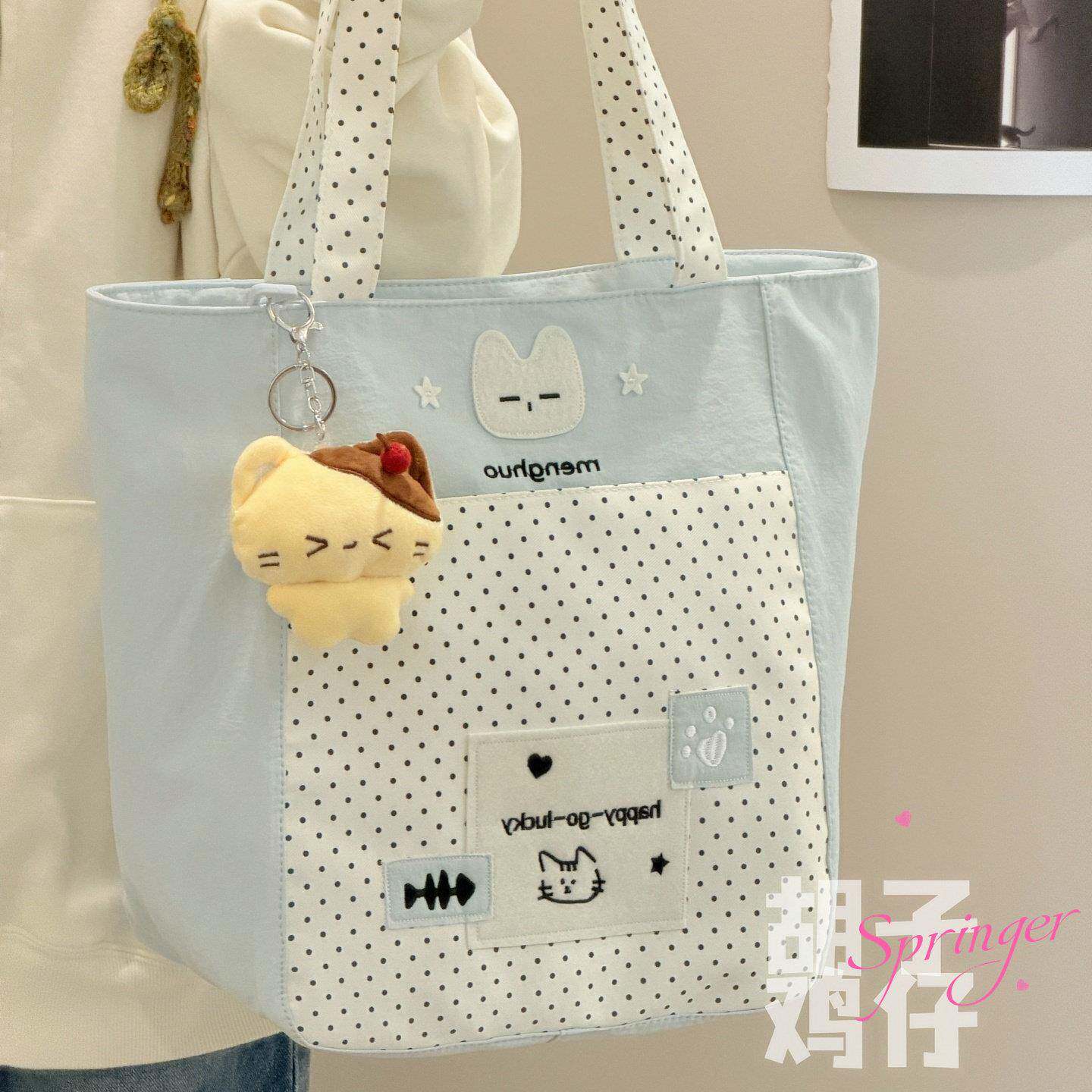 胡子鸡仔可爱补丁小猫托女特1412521包大容量波学生上课补习袋布