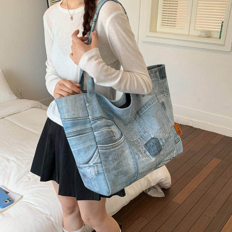 牛仔袋布大容量手多提包女包休BOQ闲单肩包口托袋特包购物文艺大