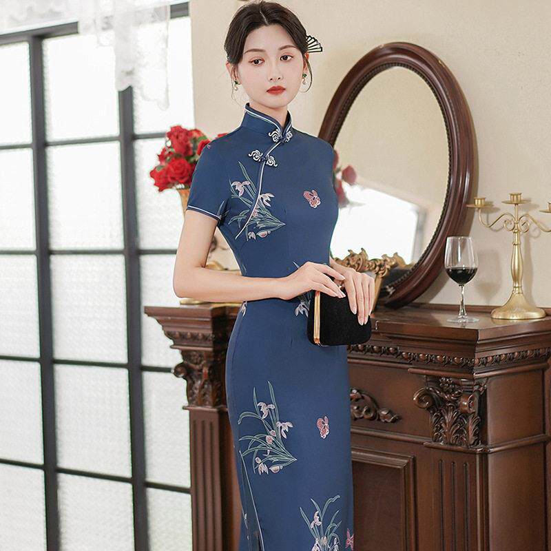 2衣04春夏款旗袍长2裙女装绸缎TOC连裙复古修身时尚宴会演新出服