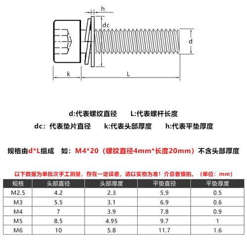 M5M6M8 304不锈钢黑色圆柱头内六角三组合螺丝*x12x14x16x20x30mm