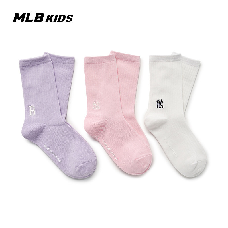 MLB儿童官方男女童精致刺绣LOGO弹力简约短袜套装三双26春夏新款