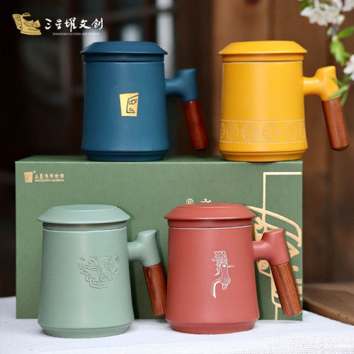 三星堆博物馆文创文明之源茶水分离杯手工办公礼品茶杯木柄高端 - 封面