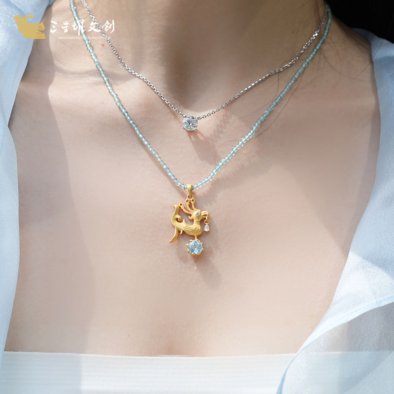 三星堆博物馆文创蓝色磷灰石水晶串珠项链女2026新款轻奢小众颈链