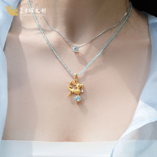三星堆博物馆文创蓝色磷灰石水晶串珠项链女2026新款轻奢小众颈链
