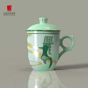 三星堆博物馆铜鸟现世茶漏杯陶瓷大容量带盖带滤网高白瓷商务礼盒