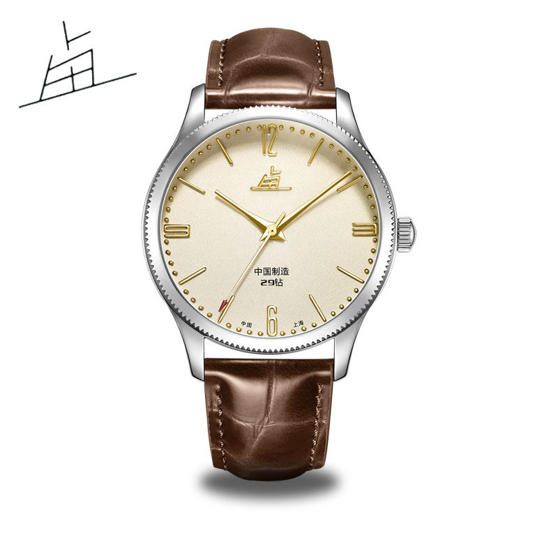 上海老乱牌新品牛皮表带A581机械表男全自动简约表盘经典复古腕表