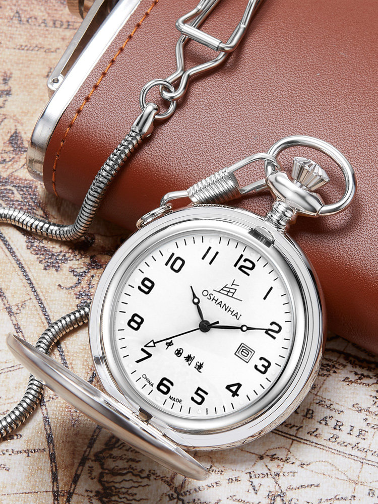 上海老乱日历怀表石英大数字夜光全钢316L送父母老年护士罗马挂表