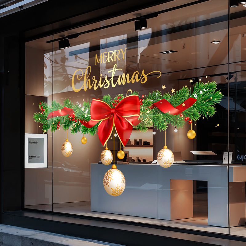 圣诞节装饰品静电玻璃门蝴蝶结窗花贴画店铺橱窗场景氛围布置贴纸