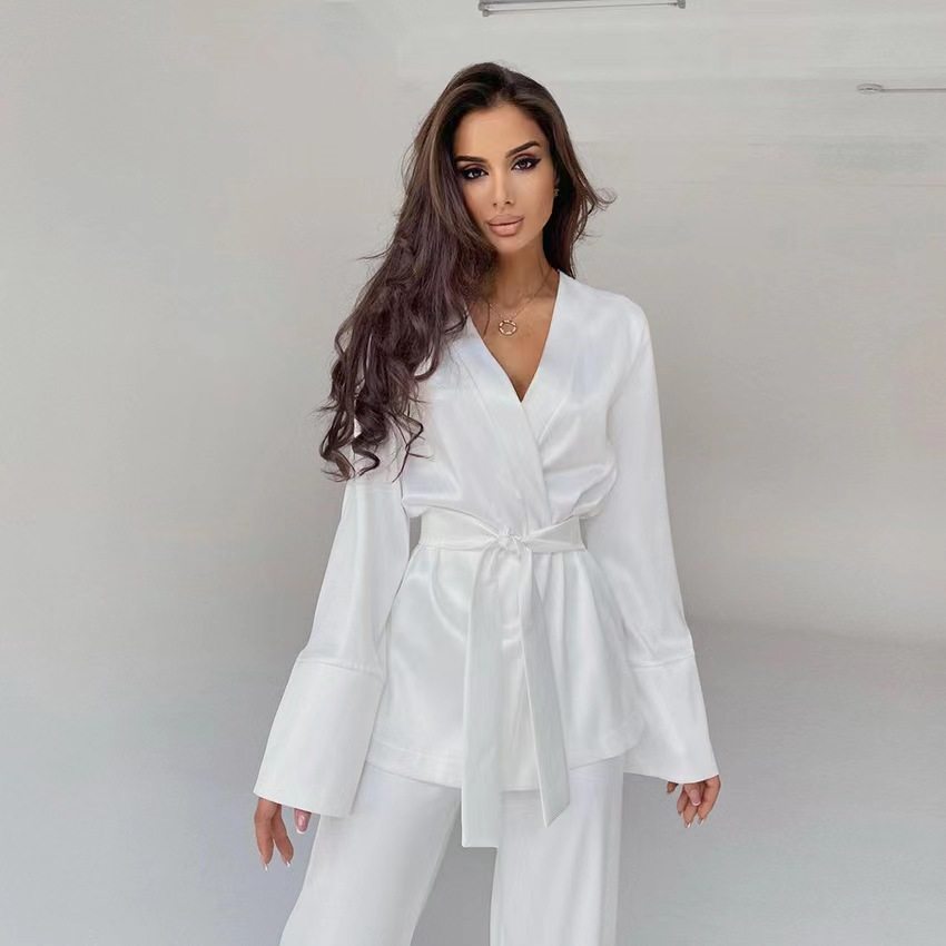 欧美风冰丝舒适长袖睡衣宽松长裤套装家居服 top long pants suit