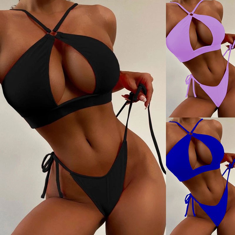 2022新款外贸欧美性感比基尼系带聚拢分体泳衣女bikini