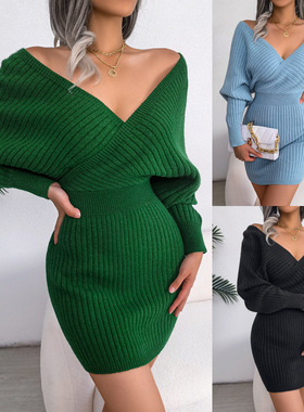 Women fashion ins sexy cross v-neck skirt hip sweater dress