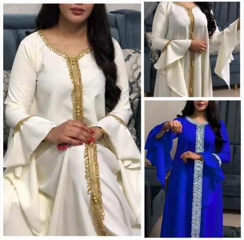 New Muslim lotus leaf sleeve embroidered V-neck dress