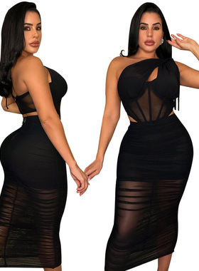 One Shoulder Slim party Dress Sexy Hip Skirt two pieces 套装