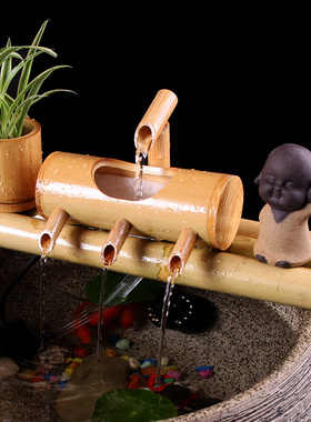 假山流水器水循环陶瓷鱼缸客厅室内装饰竹排喷泉景观造景摆件