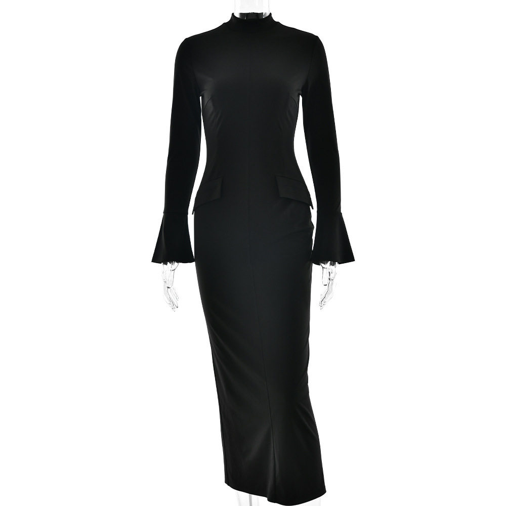 Horn Sleeve Round Neck Slim Fit Dress Trumpet Sleeve Round Neck silm Dress Women