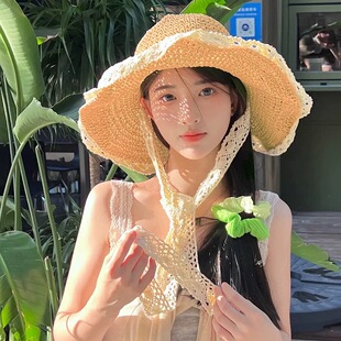 日系草帽系带镂空草编帽女夏出游防晒沙滩太阳帽蕾丝花边遮阳帽子