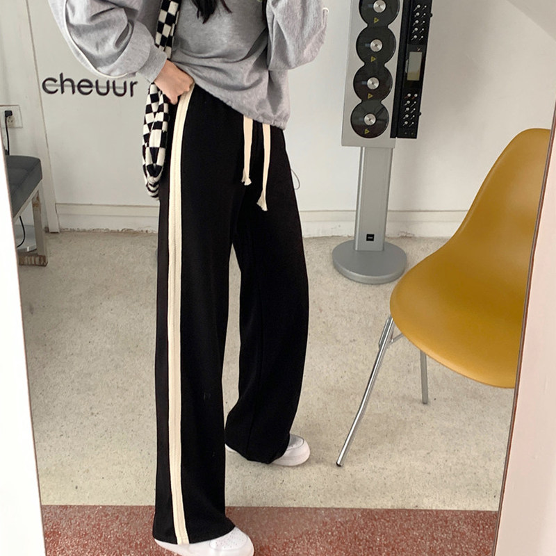 黑色抽绳运动休闲裤女冬加厚大码条纹直筒阔腿裤高腰垂感显瘦卫裤