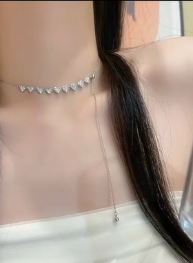 新款银色爱心抽拉项链女网红爆款轻奢气质百搭小众设计感项链女