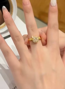 灵动可爱会旋转的小猫戒指可调节食指戒小众设计本命年指环女