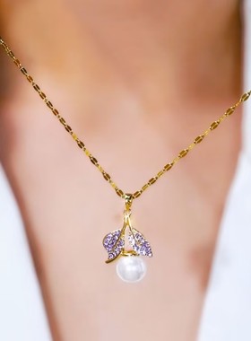 设计感满钻树叶珠珠吊坠项链网红爆款轻奢气质精美锁骨链2024新款