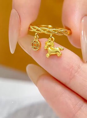 金色小马铜钱开口戒指女简约