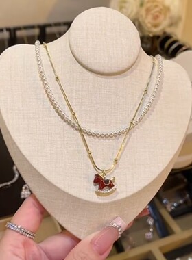 轻奢双层红色小马串珠项链女