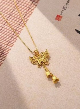 中国风金色蝴蝶铃铛花镂空流苏项链女网红爆款小众设计感精美项链