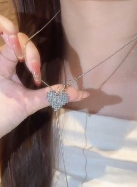 超闪银色爱心长款抽拉项链女