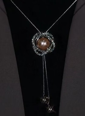 韩版网红气质镶钻珍珠花朵毛衣链女秋冬新款时尚优雅高档抽拉项链