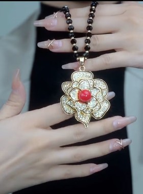 韩版长款牡丹花朵满钻吊坠毛衣链女轻奢项链时尚百搭立体配饰挂件