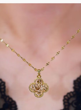 新款时尚金色四叶花项链女网红爆款轻奢气质百搭小众设计感项链女