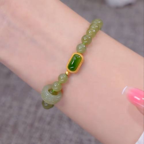 新中式碧玉方牌跑环手链女转运