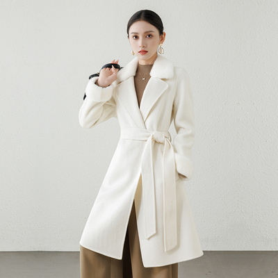 2025秋冬高级感白色双面呢羊绒大衣女水貂毛西装领小个子修身系带